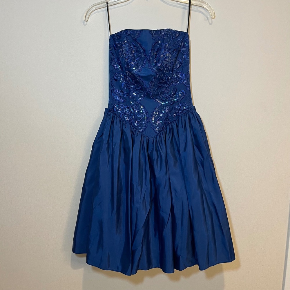 VTG 80s Gunne Sax Dress Strapless Sequin Embroidered Navy Blue Formal Prom 5/6